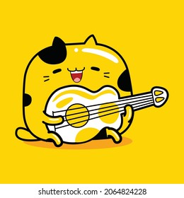 cute cat mascot character playing guitar in flat cartoon style