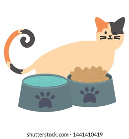 cute cat mascot with dishes food and water