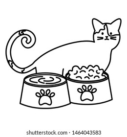 cute cat mascot with dishes food and water