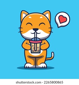 Cute Cat Mascot Drinking Boba Cartoon Illustration.