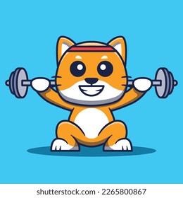 Cute Cat Mascot Exercising Lifting Barbell Cartoon Illustration.