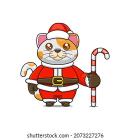 cute cat mascot, holding candy cane, wearing santa claus costume, cartoon animal character with sparkling eyes, front view. kawaii styles, flats, for kids and adults, for stickers. 