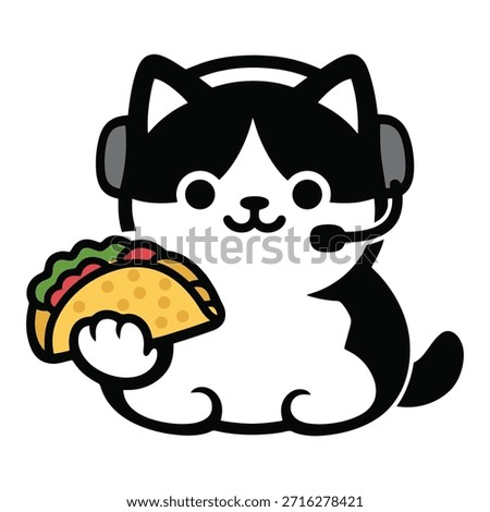 Cute Cat Mascot Wearing Headset Holding Taco Vector Illustration