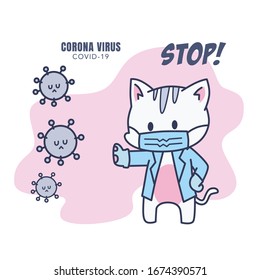 cute cat with mask cartoon, stop virus covid 19 corona illustration