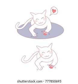 Cute Cat Massage on Bed. Vector Illustration. isolated on White Background.