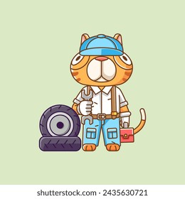 Cute cat mechanic with tool at workshop cartoon animal character mascot icon flat style illustration concept set