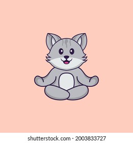 Cute cat is meditating or doing yoga. Animal cartoon concept isolated. Can used for t-shirt, greeting card, invitation card or mascot.