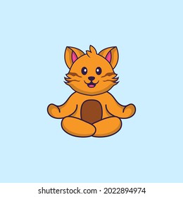 Cute cat is meditating or doing yoga. Animal cartoon concept isolated. Can used for t-shirt, greeting card, invitation card or mascot.