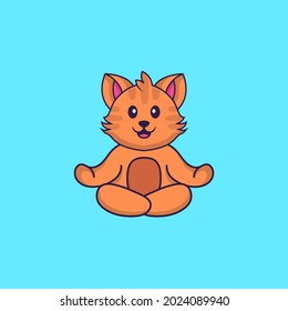 Cute cat is meditating or doing yoga. Animal cartoon concept isolated. Can used for t-shirt, greeting card, invitation card or mascot.