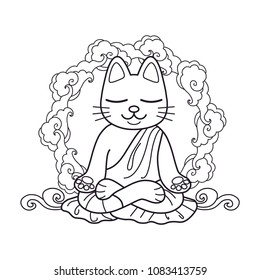 Cute cat in meditation. Vector illustration for coloring book