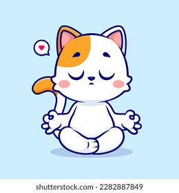 Cute Meditación del Gato Ilustración del Icono del Vector de dibujos de yoga. Vector Premium Aislado De Icono De Deportes Animales. Estilo de dibujo plano