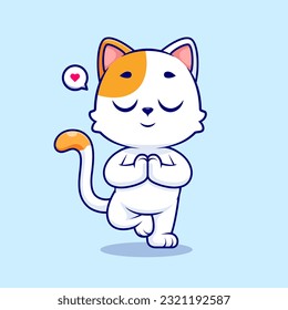 Cute Cat Meditation Yoga Cartoon Vector Icon Illustration. Animal Sport Icon Concept Isolated Premium Vector. Flat Cartoon Style