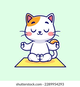 Cute Gato Meditación Yoga En La Ilustración Del Icono Del Vector De Caricatura De La Batalla. Vector Premium Aislado De Icono De Deportes Animales. Estilo de dibujo plano