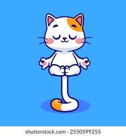 Cute Cat Meditation Yoga With Tail Cartoon Vector Icon 
Illustration. Animal Sport Icon Concept Isolated Premium 
Vector. Flat Cartoon Style 