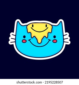 Cute cat con dibujos animados en la cara de emoji fundidos, ilustración para camisetas, pegatinas o artículos de ropa. Con estilo pop moderno y retro.