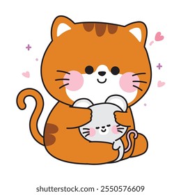 Gato lindo maullido muñeca abrazo ratoncito con corazón. Diseño de dibujos animados de roedores y mascotas. Imagen para pegatina, ropa de bebé, estacionario. Kawaii. Vector. Ilustración.