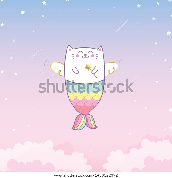 Cute Cat Mermaid Angel Flying On Stock Vector (Royalty Free) 1438122392 ...