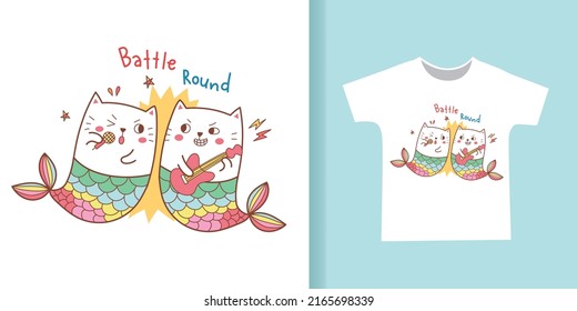 cute cat mermaid battle the music cartoon for t-shirt design.