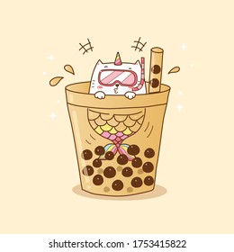 cute cat mermaid with bubble tea cute cartoon hand drawn for summer time.