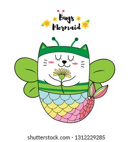 Cute cat mermaid in bug costume,cartoon hand drawn.