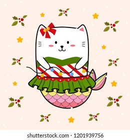 Cute cat mermaid cartoon for Christmas