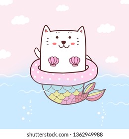 cute cat mermaid cartoon hand drawn swimming in the sea with swim ring and pastel color background