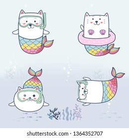 Cute cat mermaid cartoon hand drawn diving under the sea