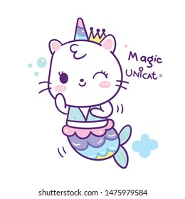 Cute cat mermaid cartoon swimming in unicorn vector, kawaii animal with pastel color, Nursery decoration, hand drawn isolated on a white background: Fairytale pony horse- Perfect for kid's greeting.