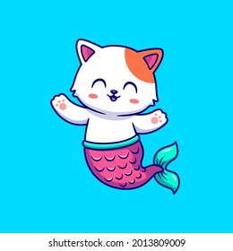 Cute Cat Mermaid Cartoon Vector Icon Illustration. Animal Nature Icon Concept Isolated Premium Vector. Flat Cartoon Style