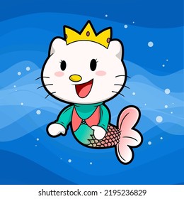 Cute Cat Mermaid Cartoon Vector Icon Illustration. Animal Nature Icon Concept Isolated Premium Vector. Flat Cartoon Style
