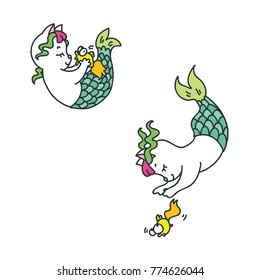 Cute cat mermaid catches a fish. Doodle vector illustration.