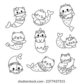 Cute cat mermaid character. Coloring Page. Beautiful cartoon kitty unicorn. Fantastic creatures in hand drawn style. Vector drawing. Collection of design elements.