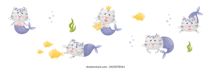 Cute Cat Mermaid Character with Fish Tail Vector Set