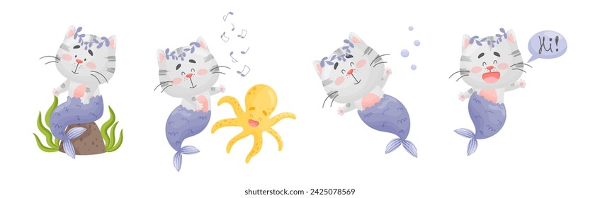 Cute Cat Mermaid Character with Fish Tail Vector Set