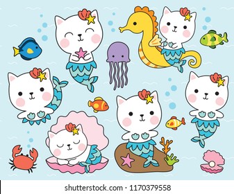 Cute cat mermaid character with fishes, seahorse, shell, and crab under the sea vector illustration.