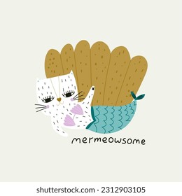 Cute cat mermaid character. Summer kids print. Great for card, sticker, t-shirt. Vector illustration