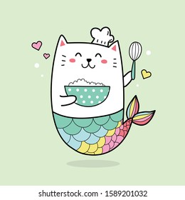cute cat mermaid chef cooking cake kawaii cartoon hand drawn. 