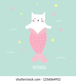 Cute cat mermaid. Children's illustration for printing. Hand-drawn.