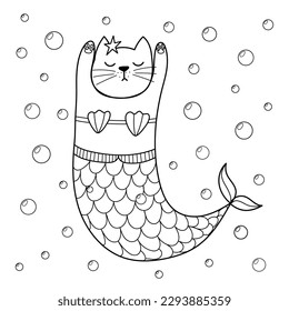 Página de coloreado de sirena de gatitos. Impresión en blanco y negro con un lindo personaje felino bajo el agua. Impresión de línea para colorear libros, tarjetas, postales, pegatinas, etc. Ilustración vectorial