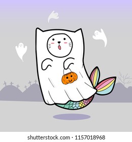 cute cat mermaid in costumes ghost for Halloween day