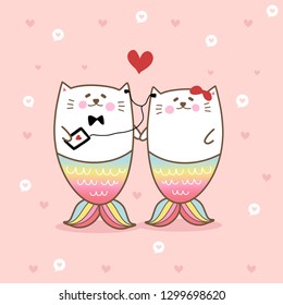 cute cat mermaid couple listening a love song for Valentine's Day