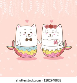 cute cat mermaid couple wedding cartoon hand drawn for Valentine's day