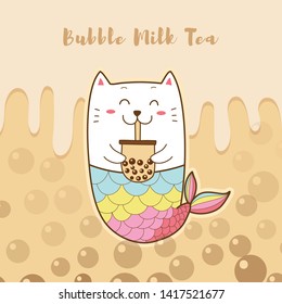 cute cat mermaid drinking bubble milk tea cartoon hand drawn with pastel colors 