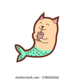 Cute cat mermaid is drinking coffee, good for stickers, drawing, cartoon, art, happy, love, t-shirt design