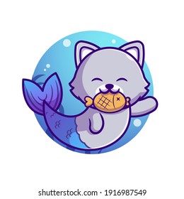 Cute Cat Mermaid With Fish Cartoon Vector Icon Illustration. Animal Nature Icon Concept Isolated Premium Vector. Flat Cartoon Style