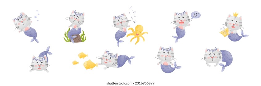 Cute Cat Mermaid mit Fish Tail Floating Underwater Vector Set