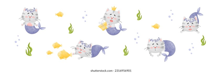 Cute Cat Mermaid with Fish Tail Floating Underwater Vector Set