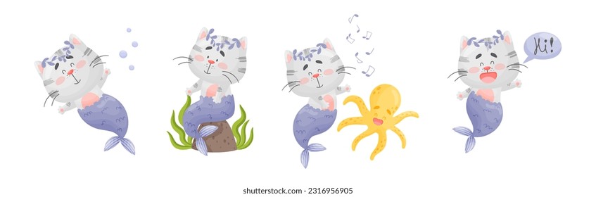 Cute Cat Mermaid with Fish Tail Floating Underwater Vector Set