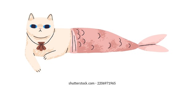 Cute cat mermaid. Funny fairytale Halloween kitty with fish tail. Fantasy water feline animal relaxing. Mystic character. Fairy childish flat graphic vector illustration isolated on white background