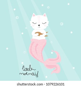 Cute cat mermaid with golden fish. Childish print. Vector hand drawn illustration.